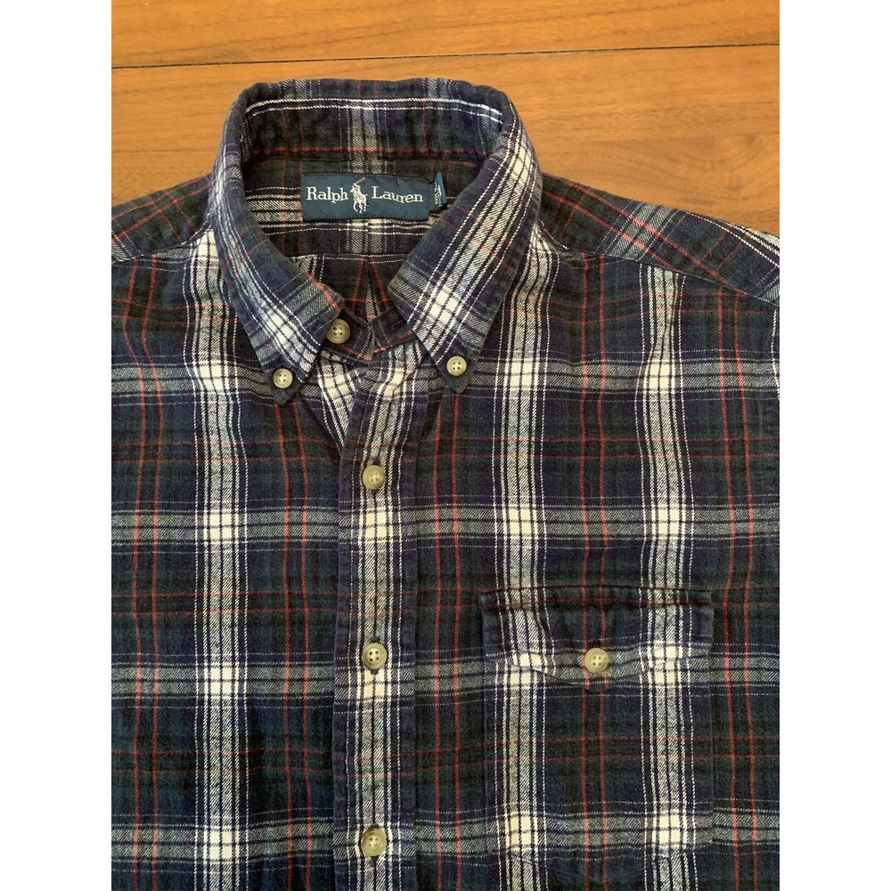 Vintage Ralph Lauren Flannel Shirt Mens M Navy Scotch Plaid Classic Fit Pocket